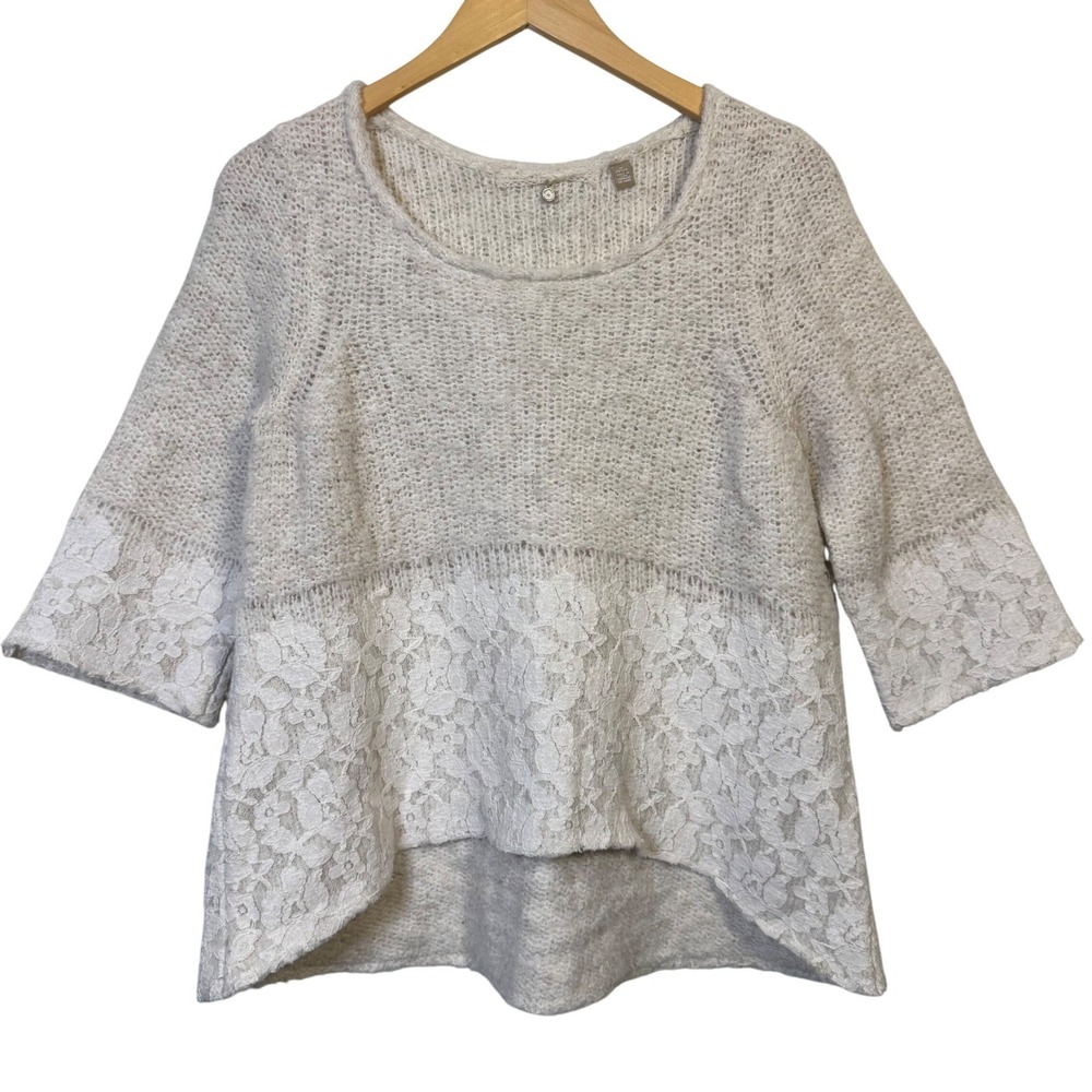 Knitted & Knotted Sweater Medium P Ivory‎ Lace Trim Bell Sleeve Anthropologie